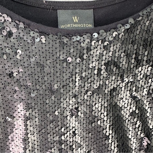 WORTHINGTON Black & Silver Sparkle Sequin Short Sleeve Festive Disco Blouse Sz L - Picture 6 of 16